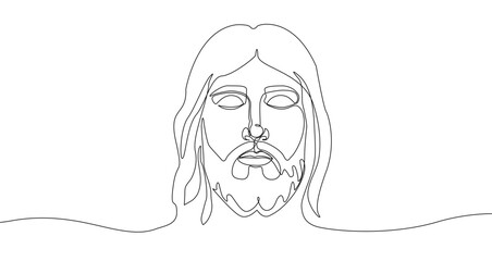 Continuous one line drawing of a bearded man's face with long hair. Editable black stroke on a white background. Vector illustration.
