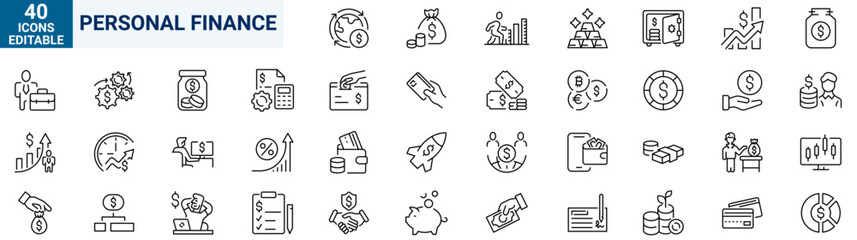 Personal Finance web line icons. Containing budget, savings, expense, income, tax, loan, statement, financial management, mortgage and more. Vector illustration