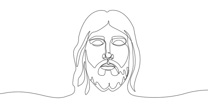 Continuous one line drawing of a bearded man's face with long hair. Editable black stroke on a white background. Vector illustration.
