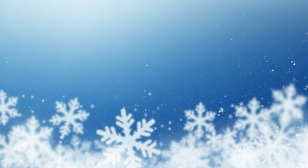 Image of blurred white snowflakes on a light blue gradient, suggesting winter, cold, and festive themes, perfect for seasonal greetings or holiday promotion