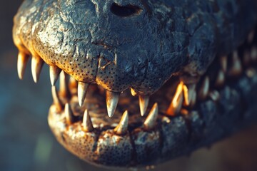 Obraz premium Dinosaur encounter godzilla's jaw urban setting close-up intense atmosphere dramatic viewpoint creature feature