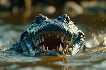 Fototapeta premium Crocodile hunting in wetlands wildlife photography natural habitat close-up predator behavior