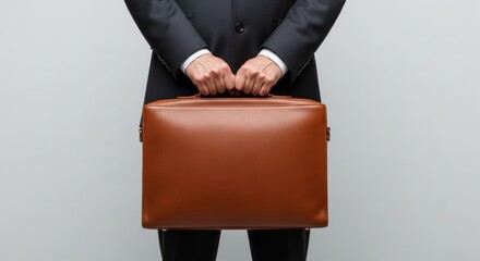 Professional businessman in dark suit holding brown leather briefcase