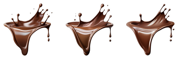 Chocolate liquid splashes, showcasing smooth, glossy textures and rich brown tones on a transparent background