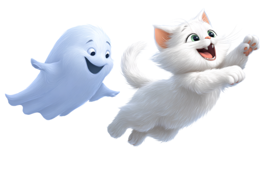 Playful cartoon ghost and energetic kitten soaring together symbolizing friendship and lighthearted fun adventure