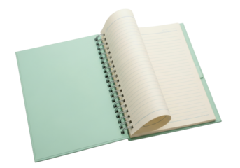Isolated spiral notebook with lined paper open, showing blank writing area for messages