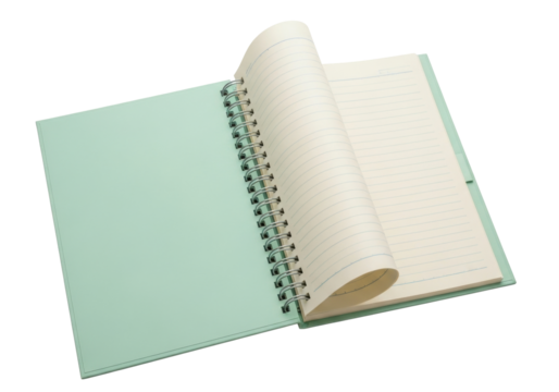 Isolated spiral notebook with lined paper open, showing blank writing area for messages
