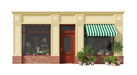 Isolated store shop front exterior design with wooden door and striped awning, no background