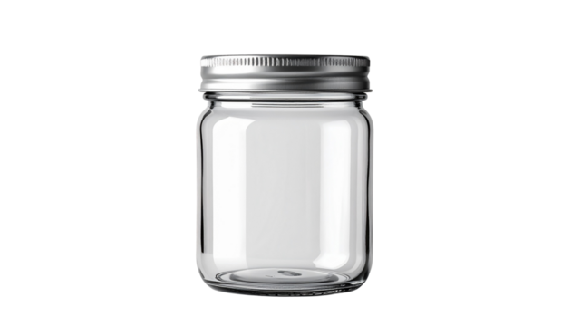 Empty clear glass jar with silver metal lid, ideal for food packaging mockups, preserves, storage, and graphic design projects, high-quality transparent png