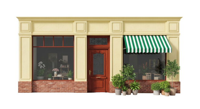 Isolated store shop front exterior design with wooden door and striped awning, no background