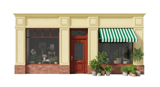 Isolated store shop front exterior design with wooden door and striped awning, no background