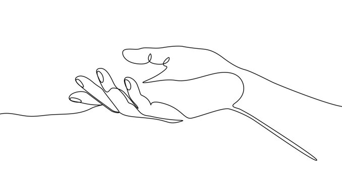 Outstretched hand palm up, gesture of giving or receiving, in continuous one line art style. Figure sketch with editable black stroke on white background. Vector illustration.