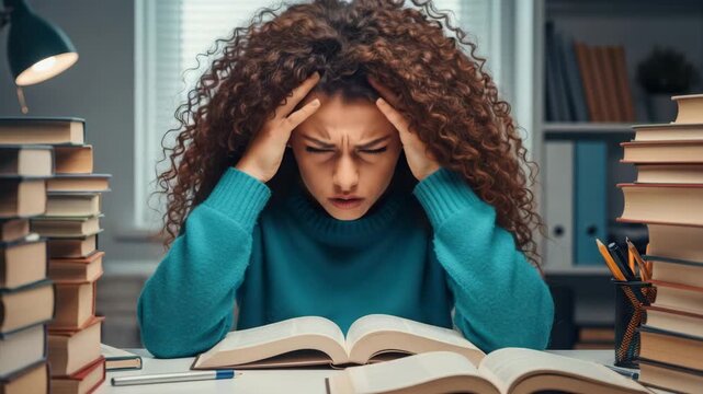 Stressed young female student struggling with academic pressure, surrounded by textbooks and studying hard in library