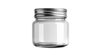 Transparent png of an empty clear glass jar with a shiny metal screw-top lid, isolated on white. Perfect for product mockups, packaging design, and graphic resources
