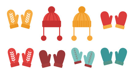 Colorful winter accessories collection featuring cozy hats and mittens in flat style, depicting knitted
