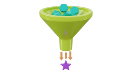 Isolated funnel with hexagons dropping into a purple star, illustration, idea concept