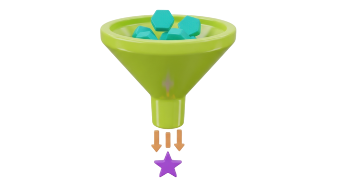 Isolated funnel with hexagons dropping into a purple star, illustration, idea concept