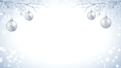 Elegant winter background with frosty branches and hanging silver Christmas ornaments on a light blue bokeh backdrop