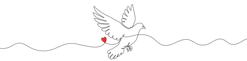 Flying dove of peace carrying small heart in continuous one line art style. Bird sketch with editable black stroke on white background. Vector illustration.