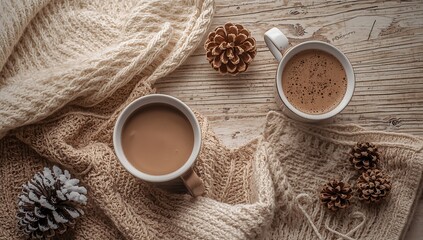 Cozy winter scene with hot chocolate mugs, knitted blanket and pine cones flatlay