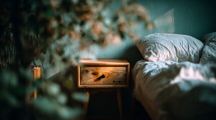 Cozy bedroom scene with a bedside table and soft bedding.