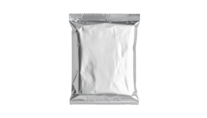 Silver foil pouch packaging mockup blank sachet bag isolated on a white background for product branding, ready for design as a transparent png file. 148