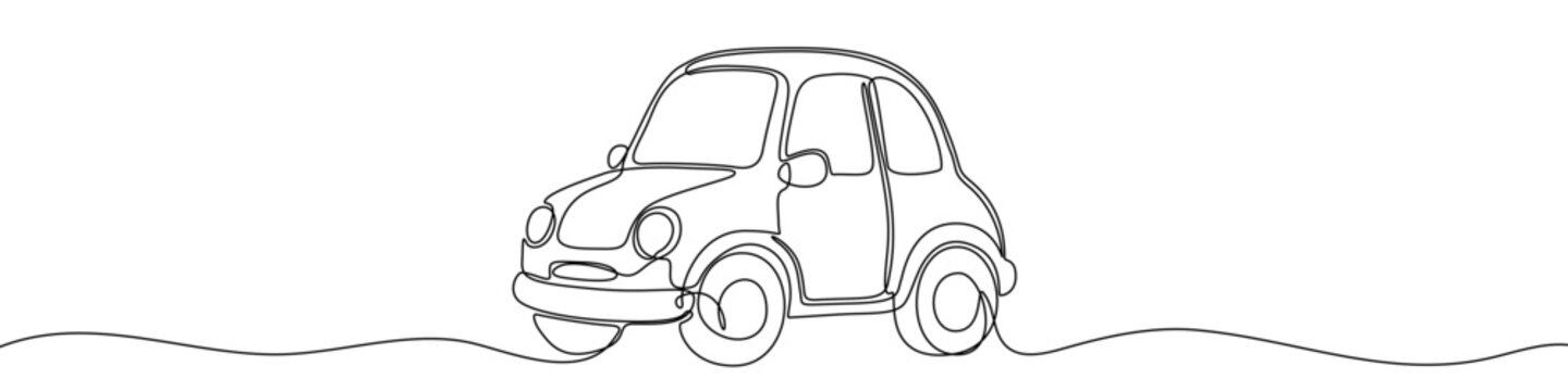 Naklejki Small retro car in continuous one line art style. Car sketch with editable black stroke on white background. Vector illustration.