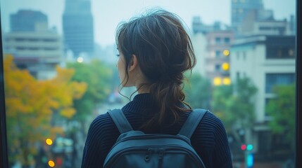 Contemplative Woman Gazing at Cityscape Through Window on Overcast Day.