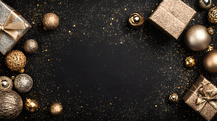 Fancy glamorous layout with sparkling gold textures, shiny baubles, gift boxes on black background, centered space