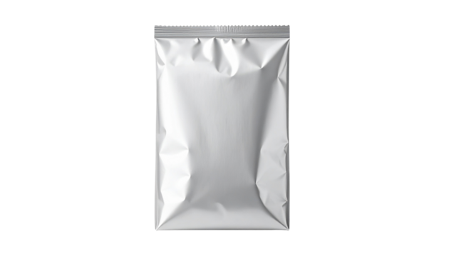 Silver Foil Pouch Packaging Mockup PNG - Blank Stand Up Bag for Food or Product Presentation