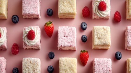 Delicious assortment of colorful square pastries with berries on pink surface.