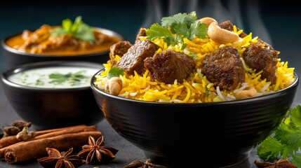 Delicious Indian Biryani with accompaniments a culinary delight.