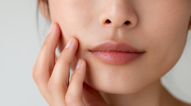 a close-up of an Asian woman's face with her fingers gently massaging the skin on one cheek