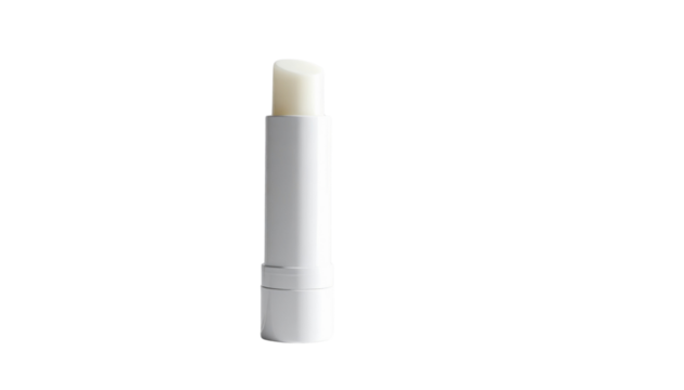 Isolated white cylindrical lip care stick with an exposed light-colored balm, perfect for clean beauty product presentations and web design as a high-quality transparent png