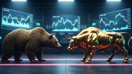Confrontation between a powerful bear and a shiny golden bull in a high-tech financial trading room with data - Powered by Adobe