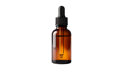A realistic amber glass dropper bottle with a black cap, ideal for cosmetic serum or essential oil mockups, isolated on a white background as a transparent png file. 128