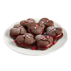 Dark Chocolate Heart-Shaped Sandwich Cookies with Raspberry Jam Filling and Powdered Sugar isolated on a transparent background 