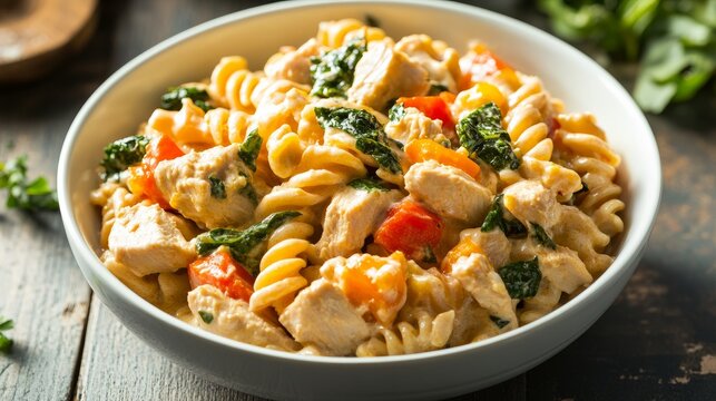 Delicious pasta dish featuring rotini noodles, tender chicken pieces, fresh spinach, and vibrant tomatoes, served in a white bowl on a rustic wooden table, showcasing culinary artistry and flavor