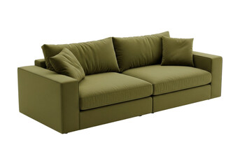 Isolated olive green sofa with cushions, modern living room seating, studio shot, comfort