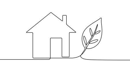 Silhouette of a house and a large leaf connected by one continuous line. Vector illustration.