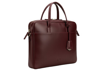 Isolated claret leather business bag featuring handles, shoulder strap, metal zipper, tag, and pouch