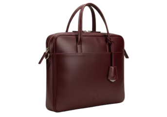 Isolated claret leather business bag featuring handles, shoulder strap, metal zipper, tag, and pouch