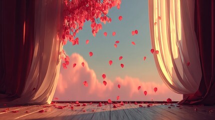 Dreamy Window View with Falling Petals and Soft Light.