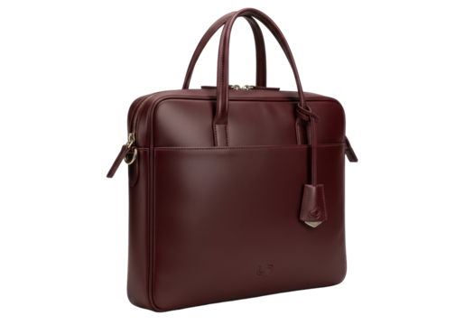 Isolated claret leather business bag featuring handles, shoulder strap, metal zipper, tag, and pouch