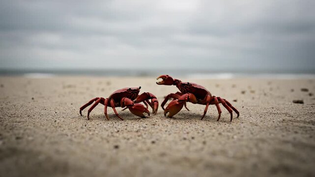 Two red crabs face off on a sandy beach near the ocean waters