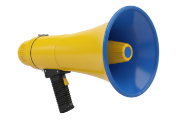Isolated Yellow and Blue Megaphone Audio Communication Device Public Address System Voice
