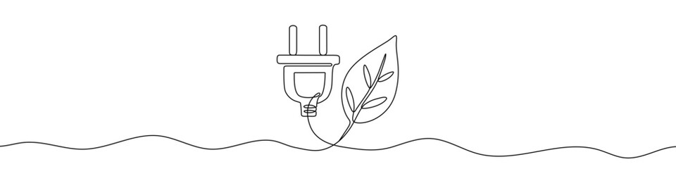 Electric plug connected to a leaf in one line art style. Symbol of green energy with editable black stroke. Vector illustration. © chekman