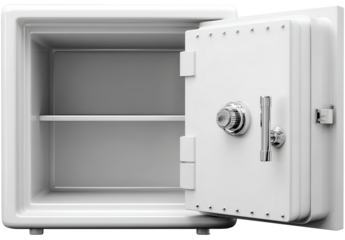 White open safe with shelf for money and valuables storage safety home or office with combination lock and metal handle