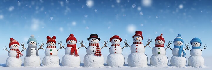 Obraz premium Group of snowmen with hats and scarves standing in a row under falling snow