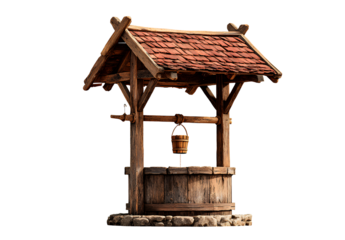 Wooden well with bucket for drawing water out from ground handmade vintage countryside building for village or town